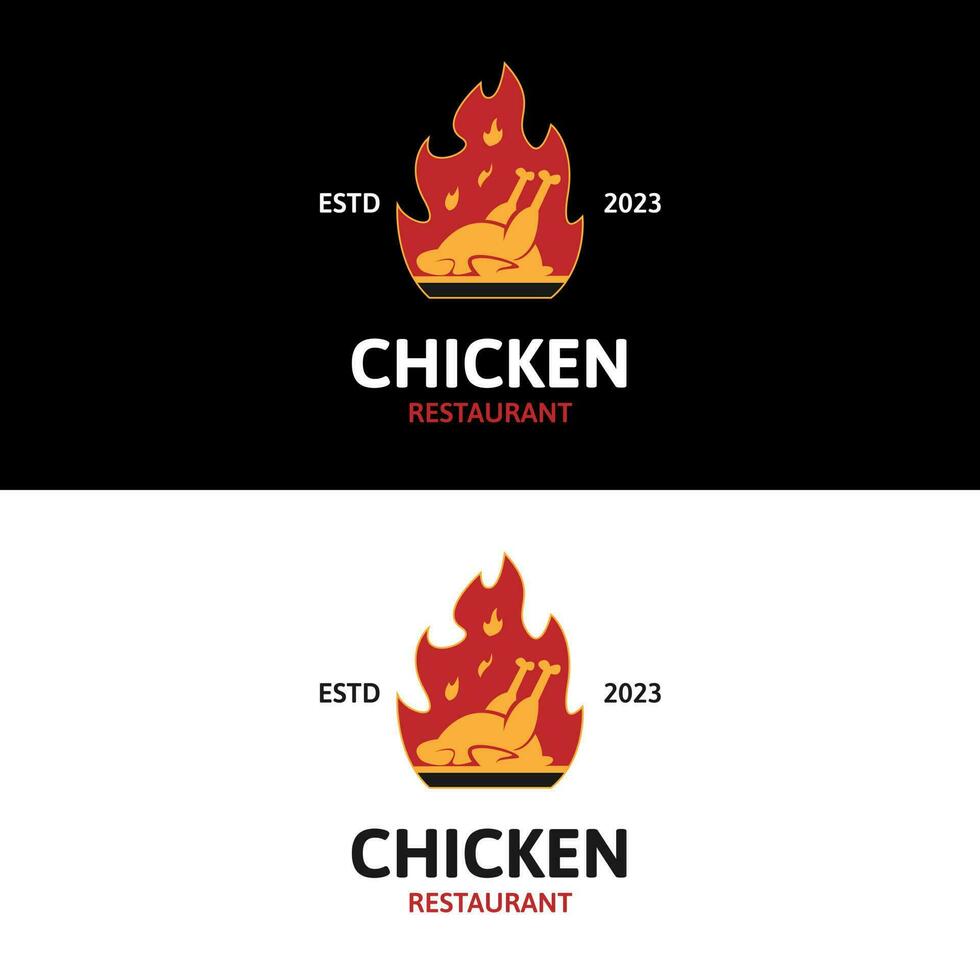 Hot chicken grilled on fire for retro vintage fresh and fast-food restaurant logo design vector