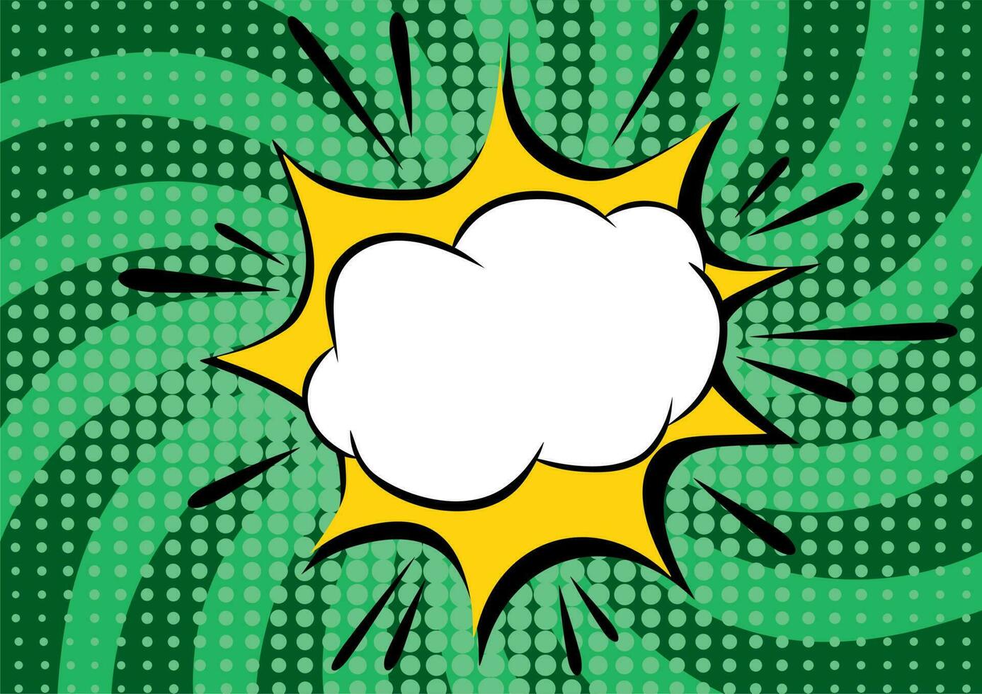 Pop art background. Comic pattern with speech bubble and cloud. Green cartoon sunburst print with dots. Boom effect vector
