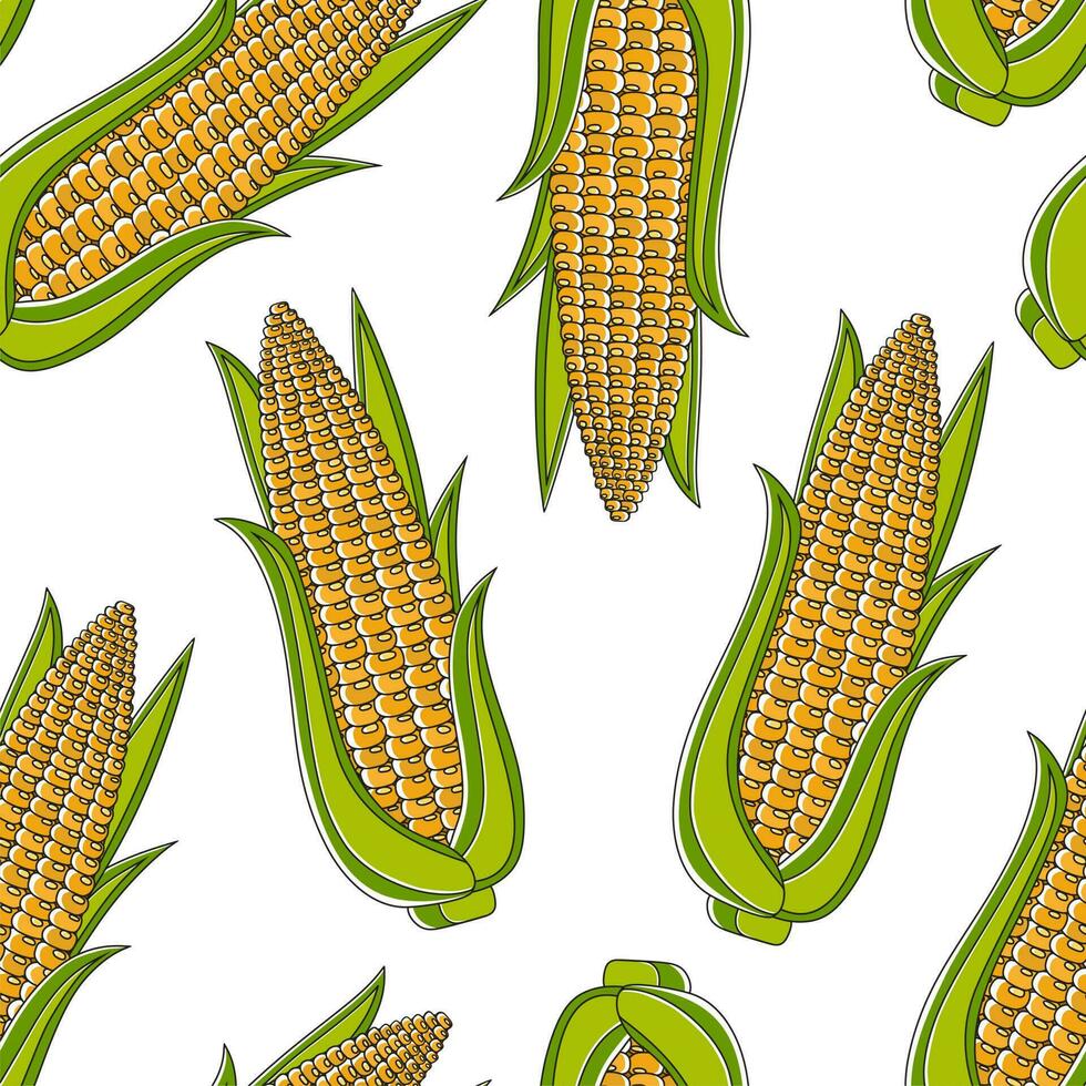 Seamless pattern with yellow corncobs and green leaves. Ripe corn vegetables. Vector illustration.