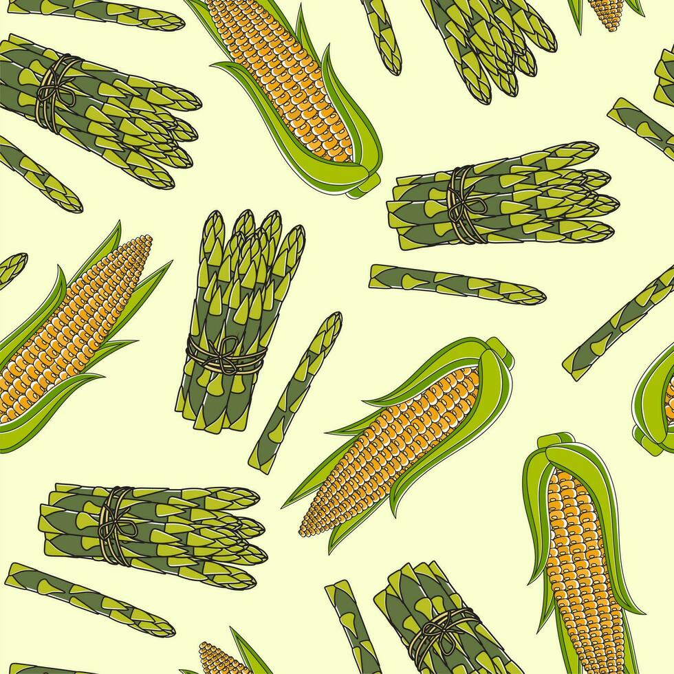 Vector seamless pattern with hand drawn asparagus twigs and corn. Beautiful food design elements for prints.