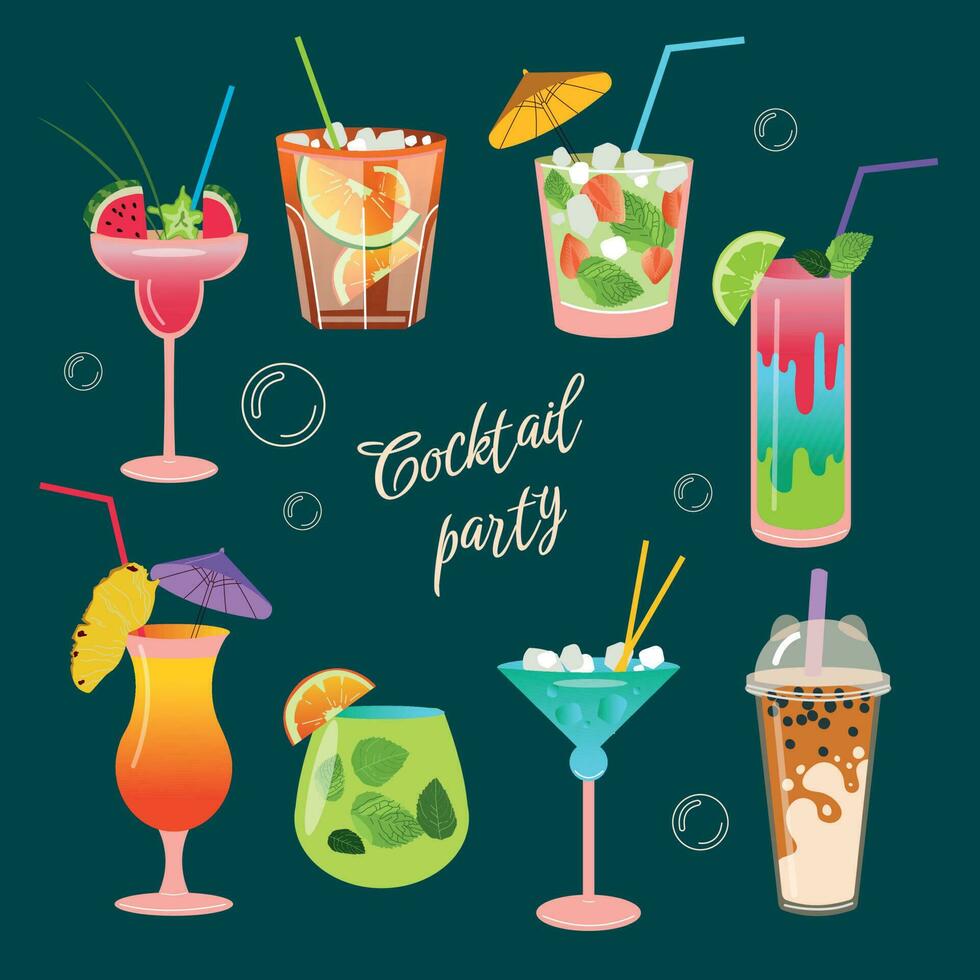 de moda conjunto de verano cocteles refrescante bebidas con hielo cubitos, bayas, frutas popular cócteles para menú diseño, carteles, folletos para cafés, barras. vector