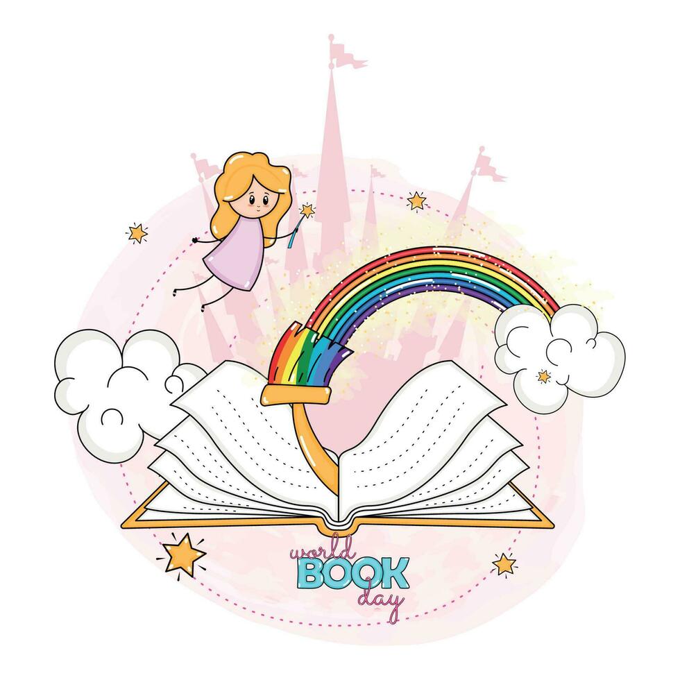 Fantasy book with rainbow and fairy World book day Vector