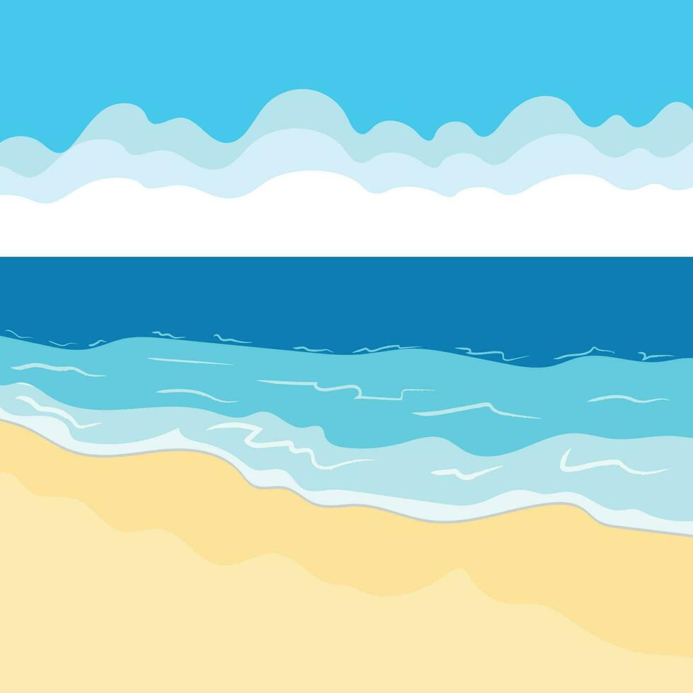 Vector landscape with summer beach. Waves of the sandy beach, blue sky and sea.