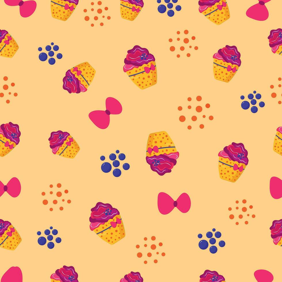 Pattern seamless with blueberry muffin, bows and blueberries. Design for fabric, tablecloth, packaging. vector