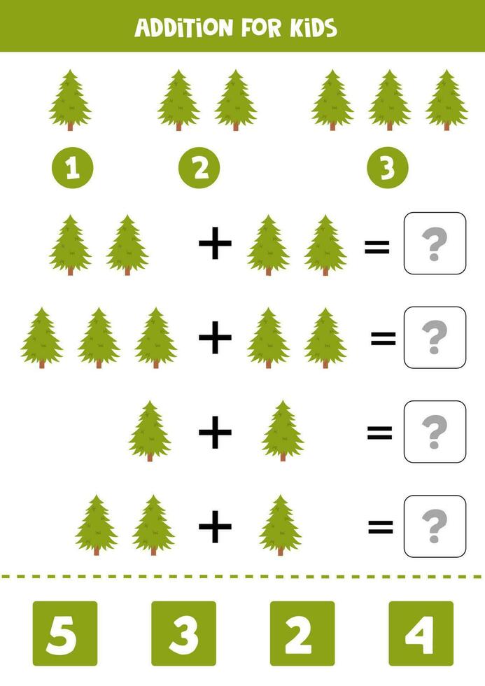Addition for kids with cartoon green fir tree. vector