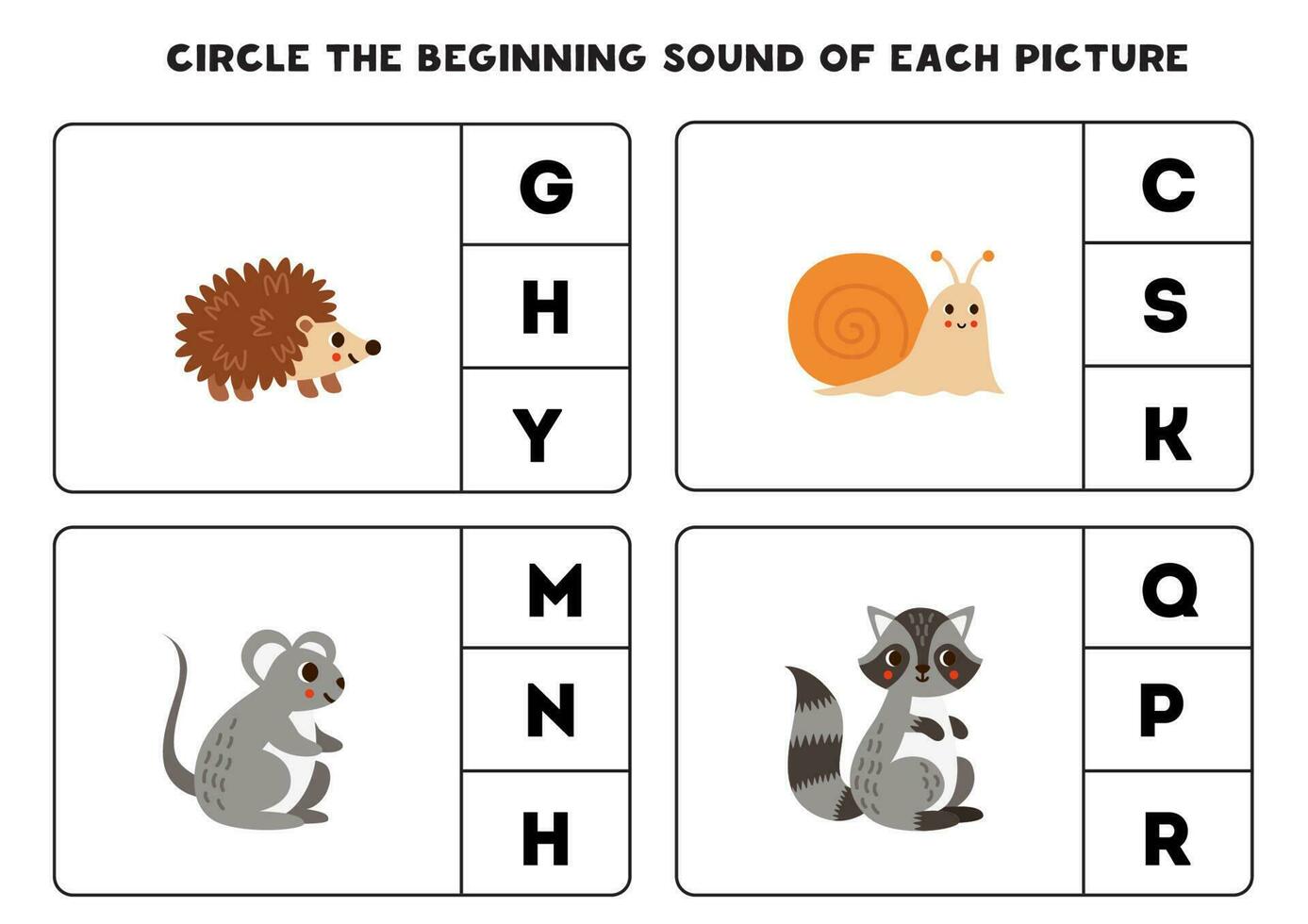 Worksheet for kids. Find the beginning sound of cute woodland animals. vector