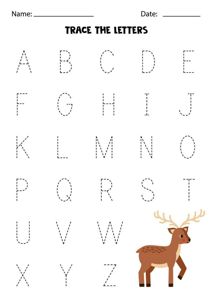 Learning alphabet. Tracing letters. Cute deer. vector