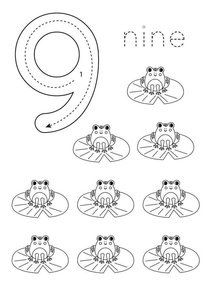 Flashcard number 9. Preschool worksheet. Cute cartoon frogs. vector