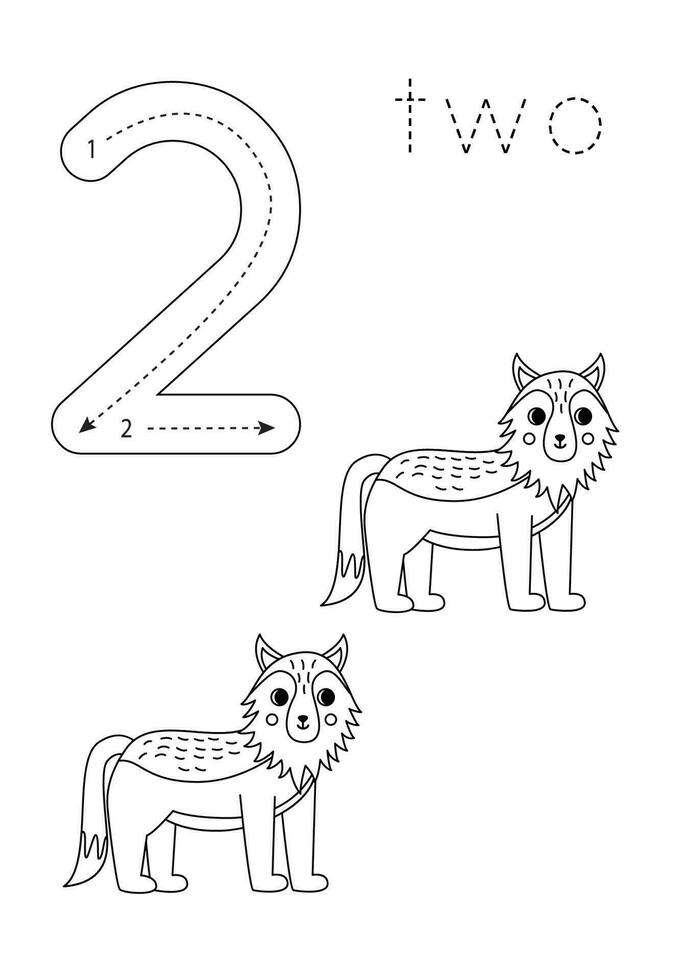 Flashcard number 2. Preschool worksheet. Cute cartoon wolves. vector