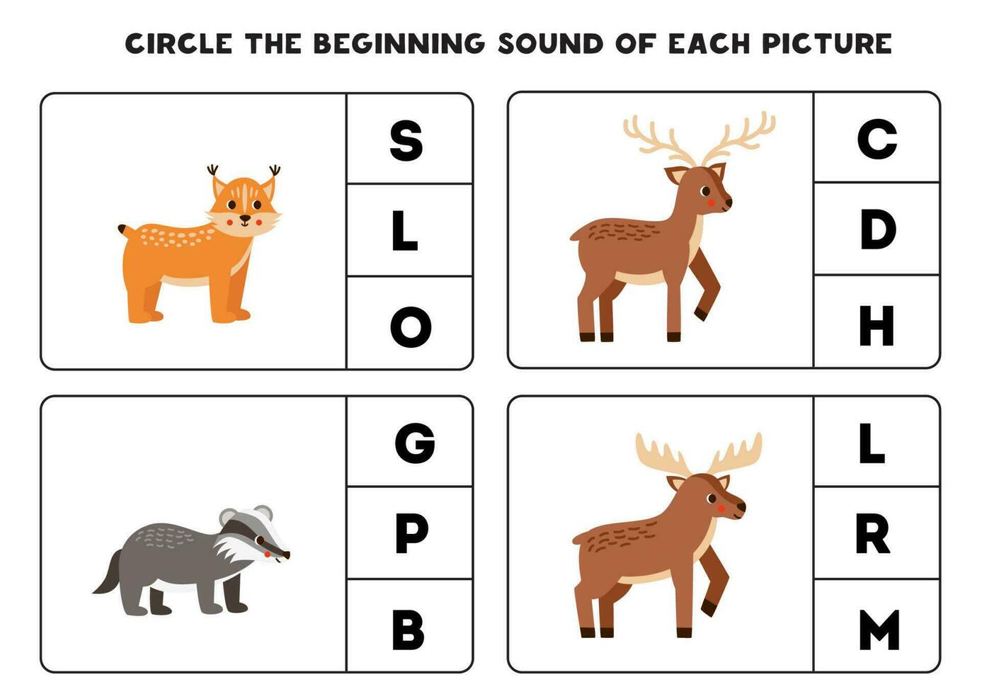 Worksheet for kids. Find the beginning sound of cute woodland animals. vector