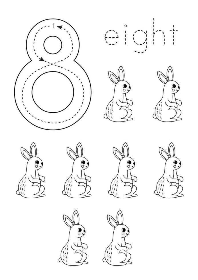 Flashcard number 8. Preschool worksheet. Cute cartoon rabbits. vector