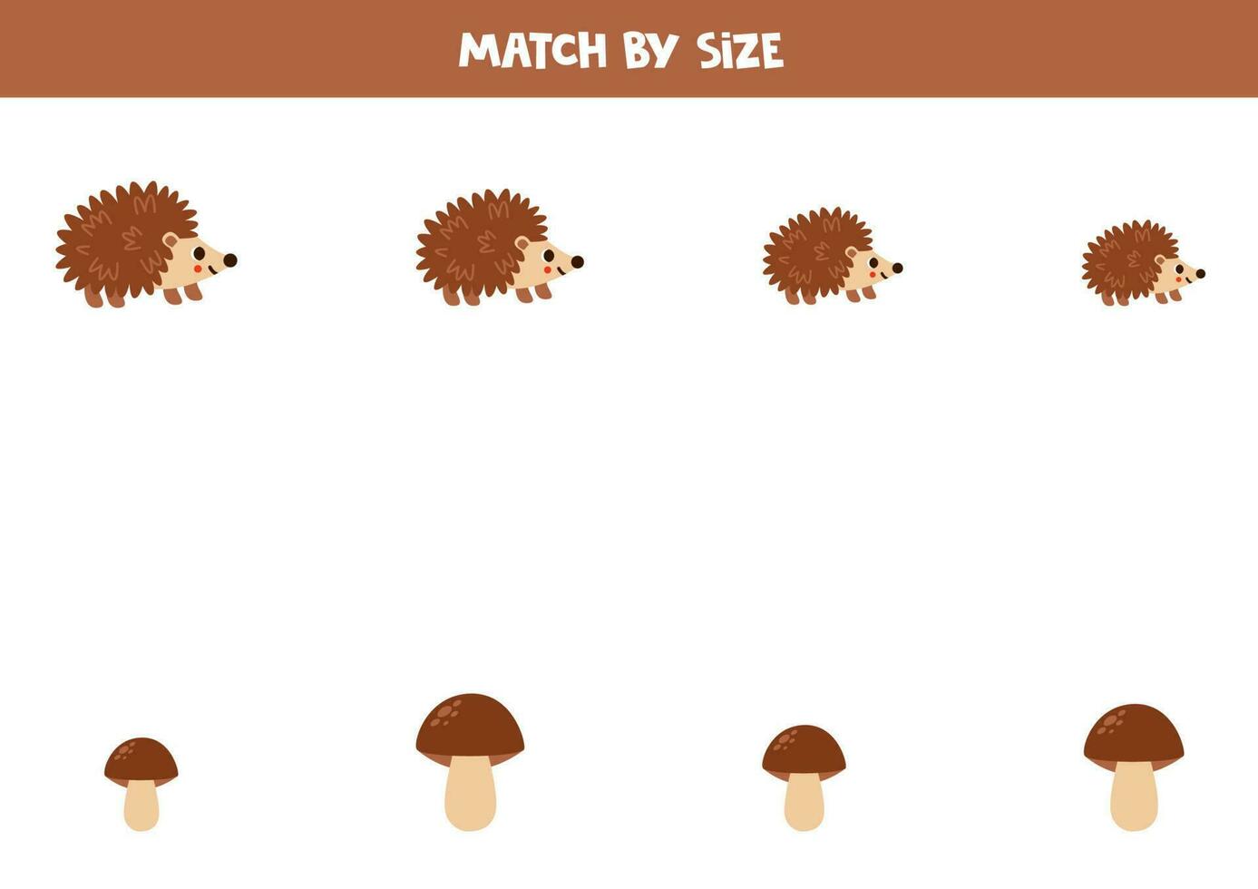 Matching game for preschool kids. Match hedgehogs and mushrooms by size. vector