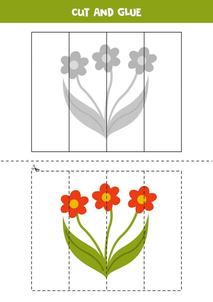 Cut and glue game for kids. Cute red flowers. vector