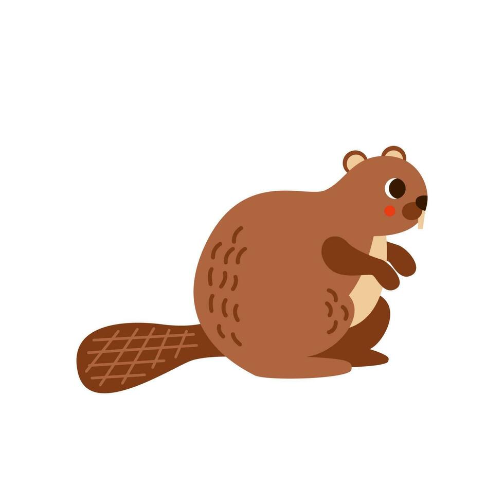 Vector illustration of cartoon cute beaver isolated on blue background.