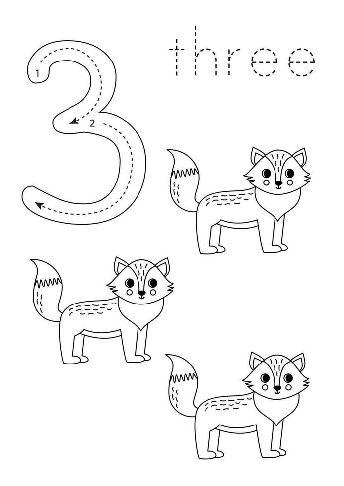 Flashcard number 3. Preschool worksheet. Cute cartoon foxes. vector