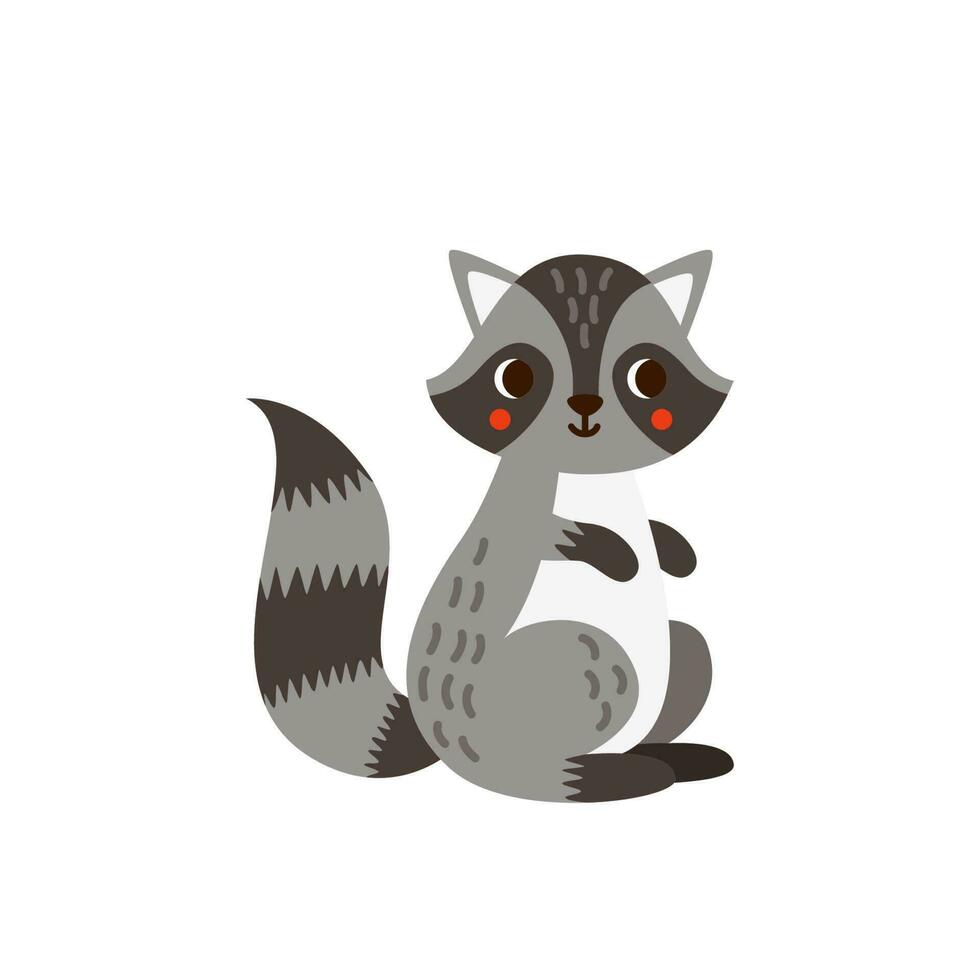 Vector illustration of cartoon cute raccoon isolated on white background.