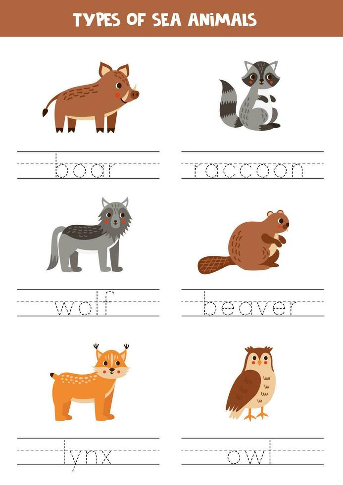 Tracing names of woodland animal types. Writing practice. vector