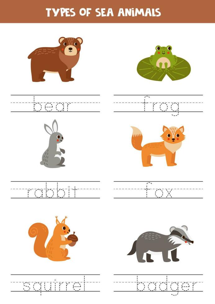 Tracing names of woodland animal types. Writing practice. vector