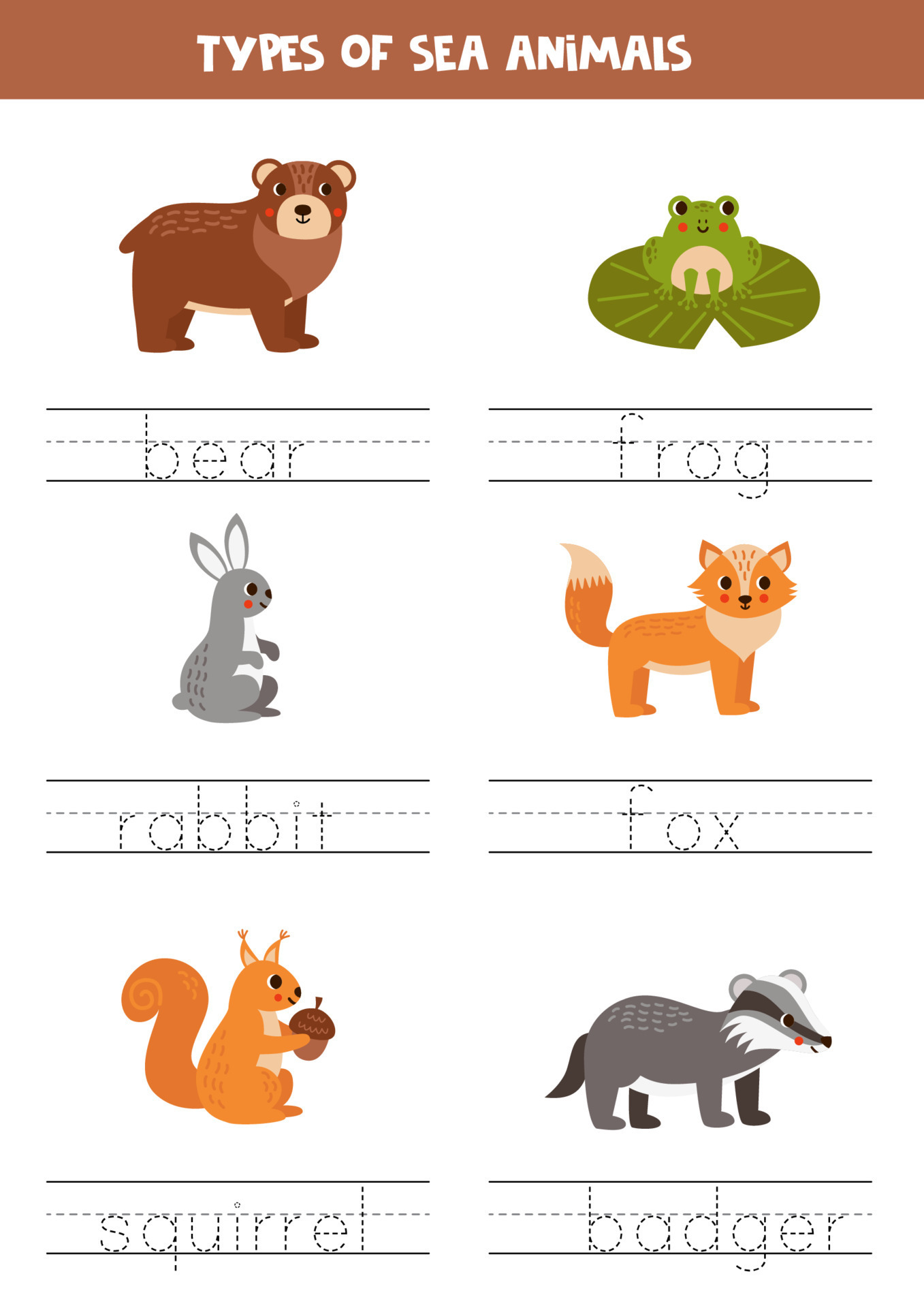 Tracing names of woodland animal types. Writing practice. 23515591
