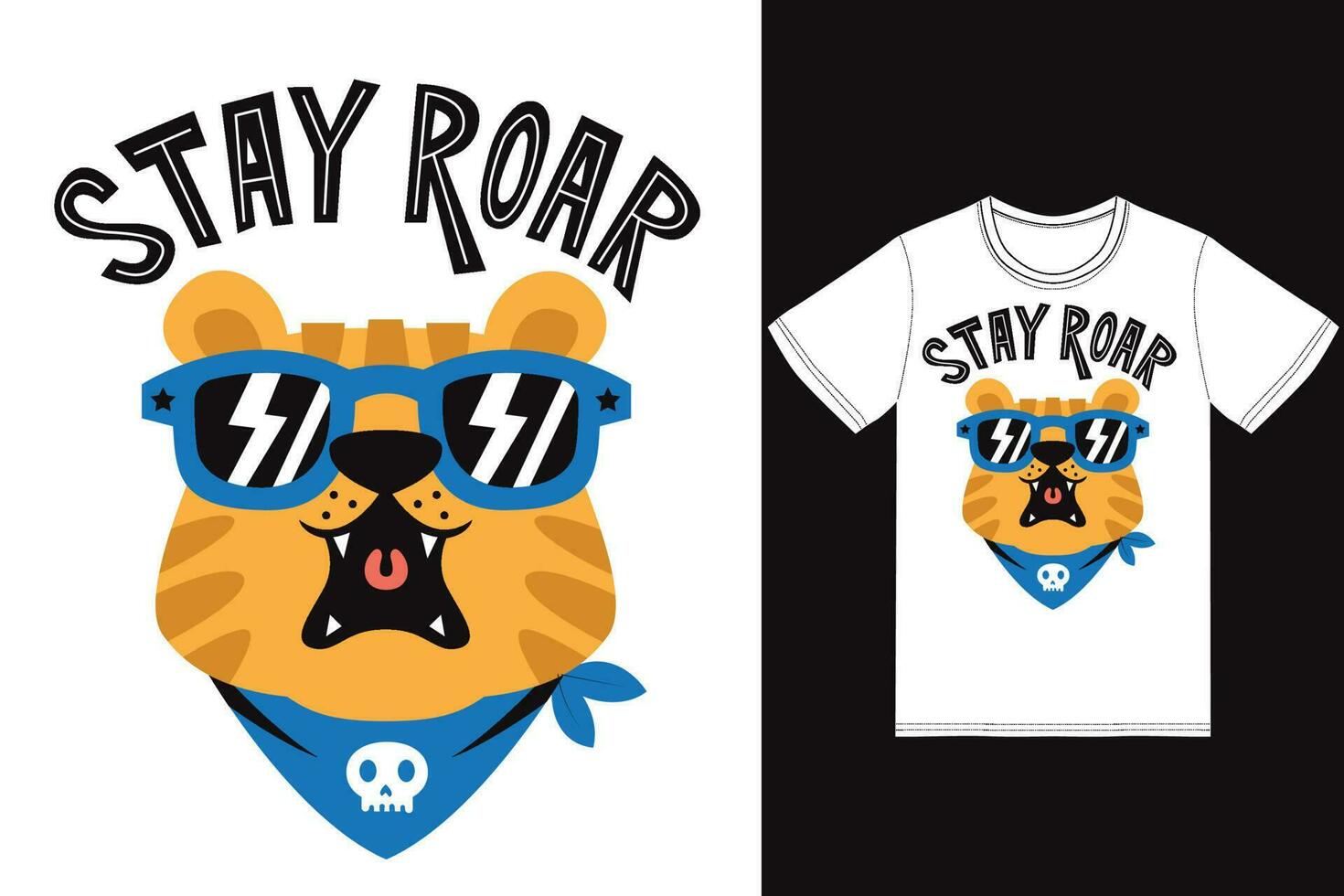 Cute tiger roar illustration with tshirt design premium vector