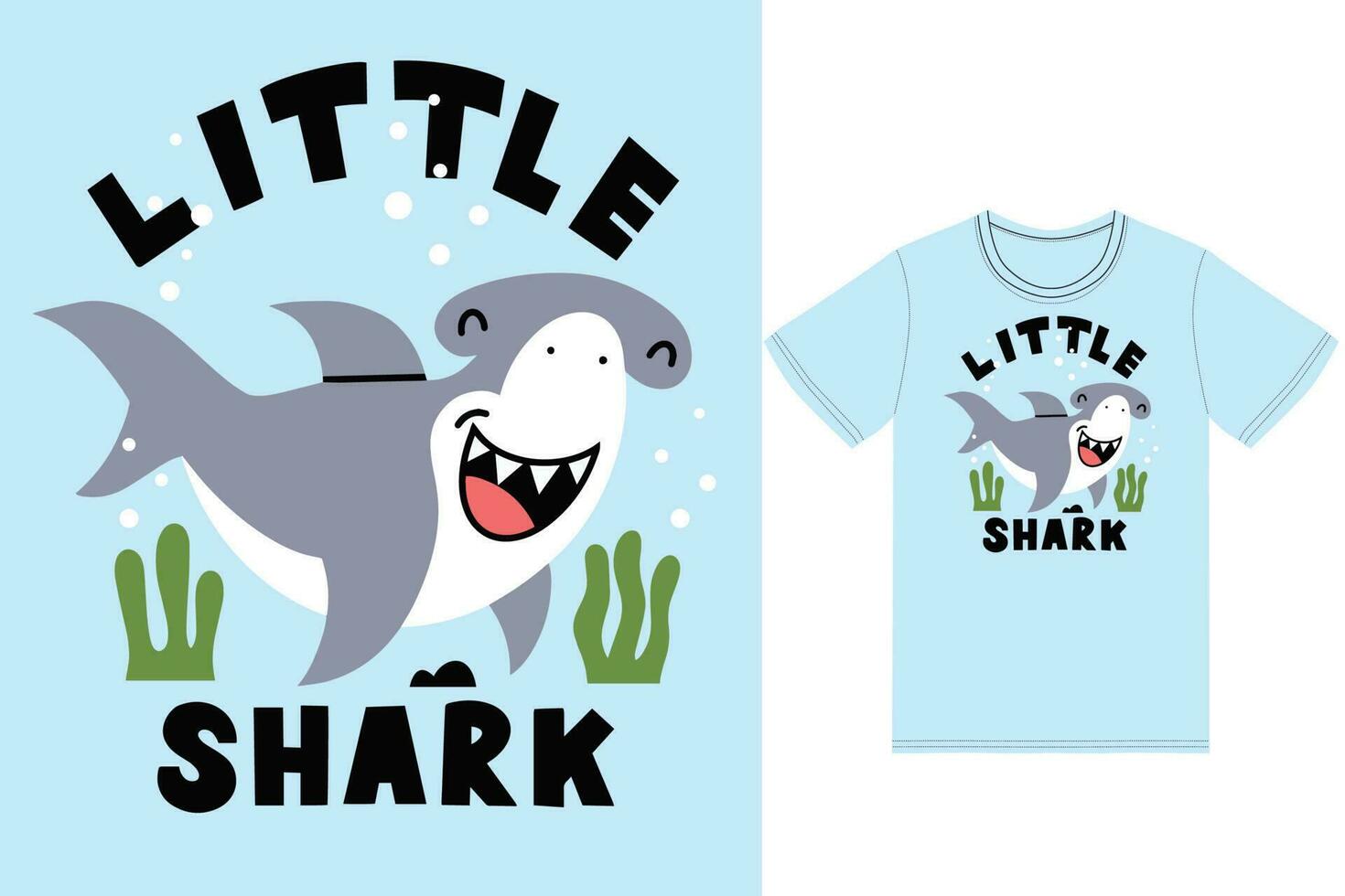 Cute little shark illustration with tshirt design premium vector