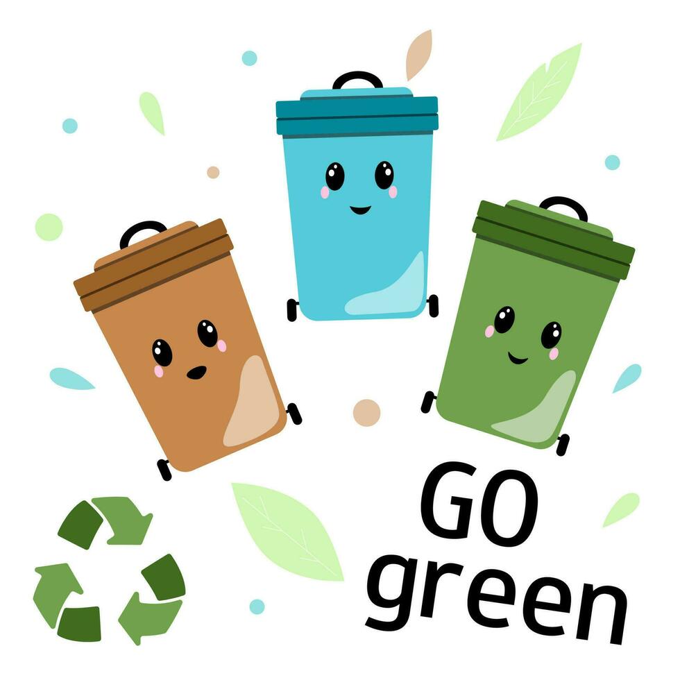 Recycle bin icon. Cartoon waste sorting bins. Go green. Educational material for kids. Vector cartoon illustration