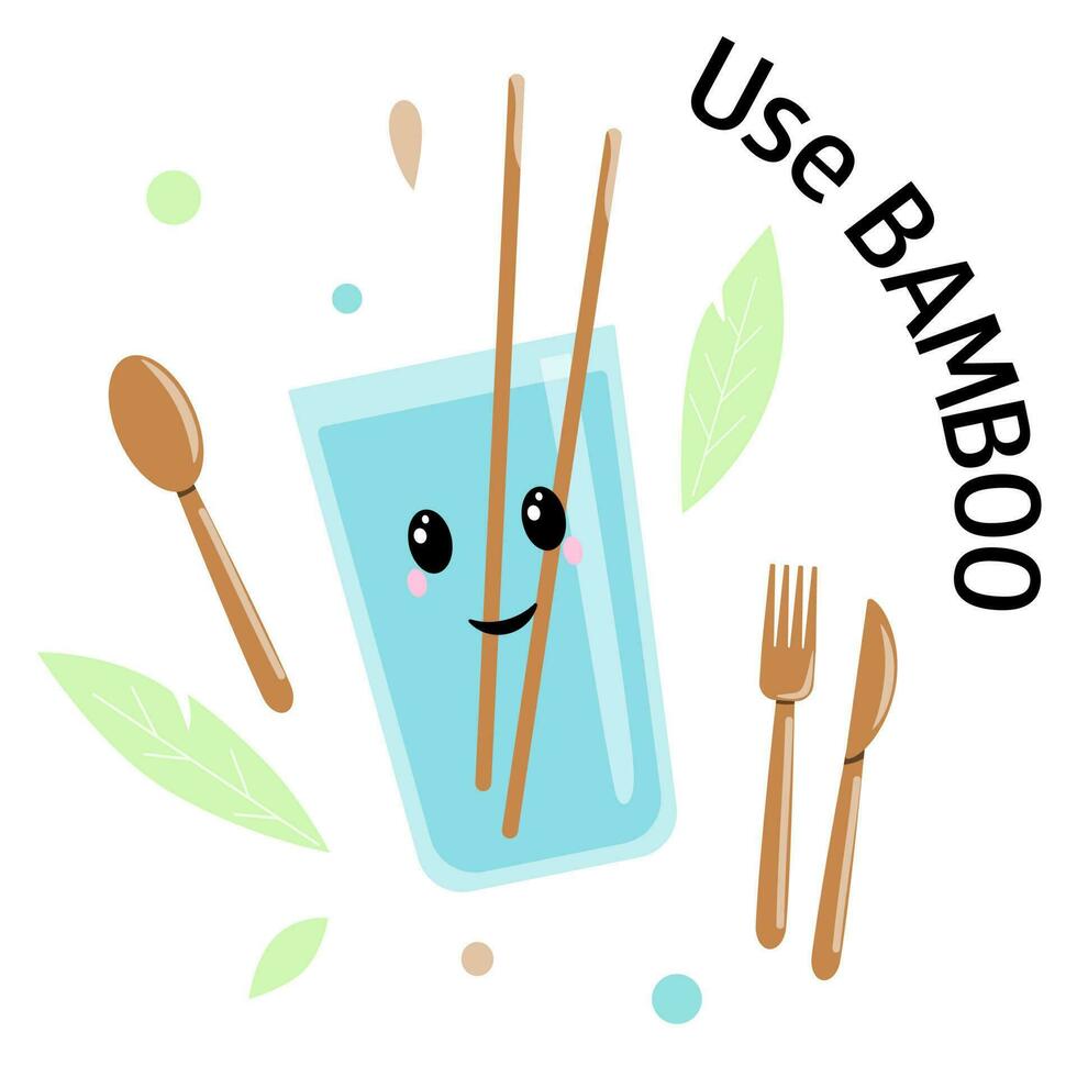 Zero waste. Bamboo items. Use bamboo concept. Educational material for kids. Vector cartoon illustration