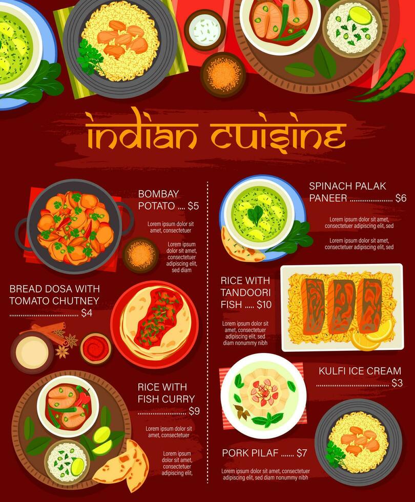 Indian cuisine menu, fish curry, rice, vegetables vector