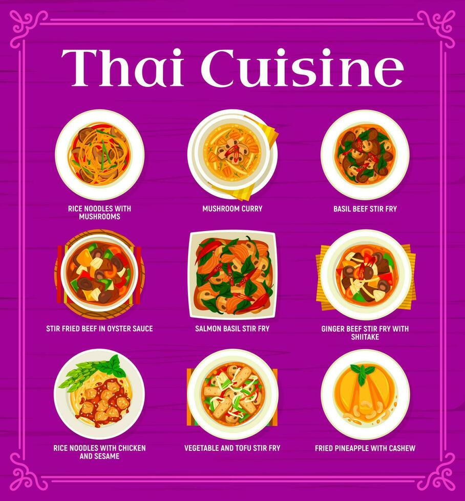 Thai cuisine meals and dishes menu page design vector