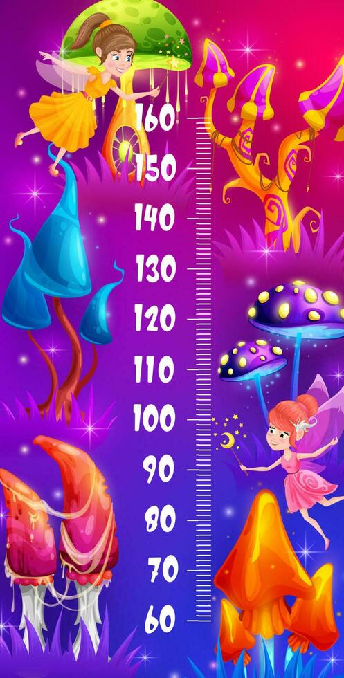 Kids height chart with magic mushrooms, fairies vector