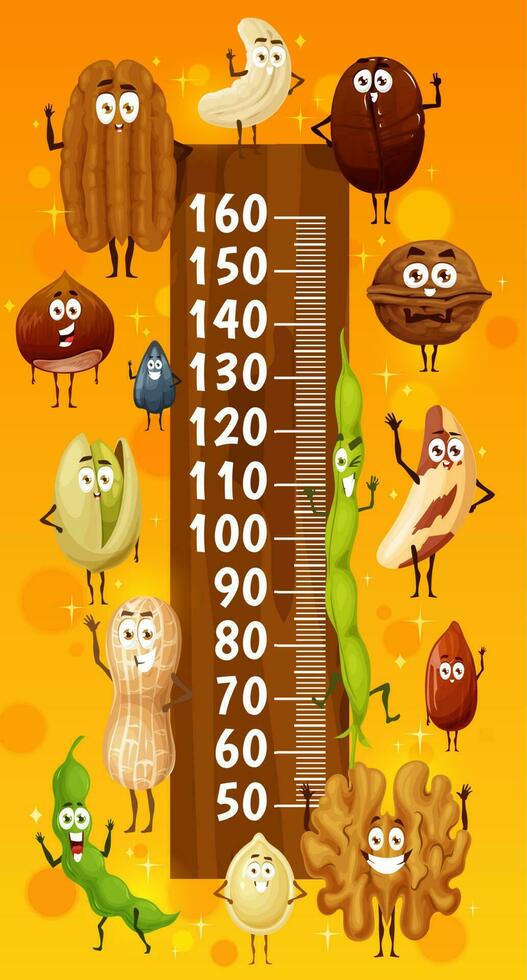 Kids height chart, funny nuts and seeds characters vector
