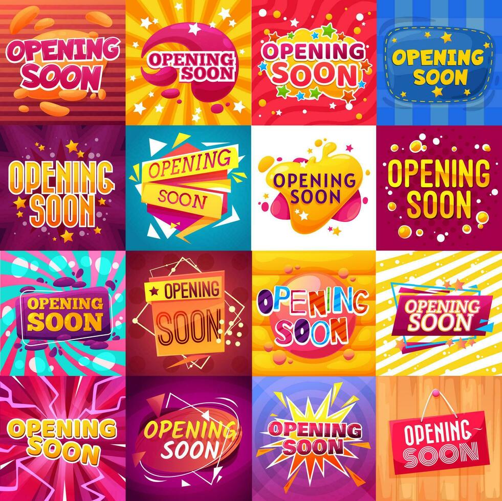 Opening soon cartoon banners, vector promo tags