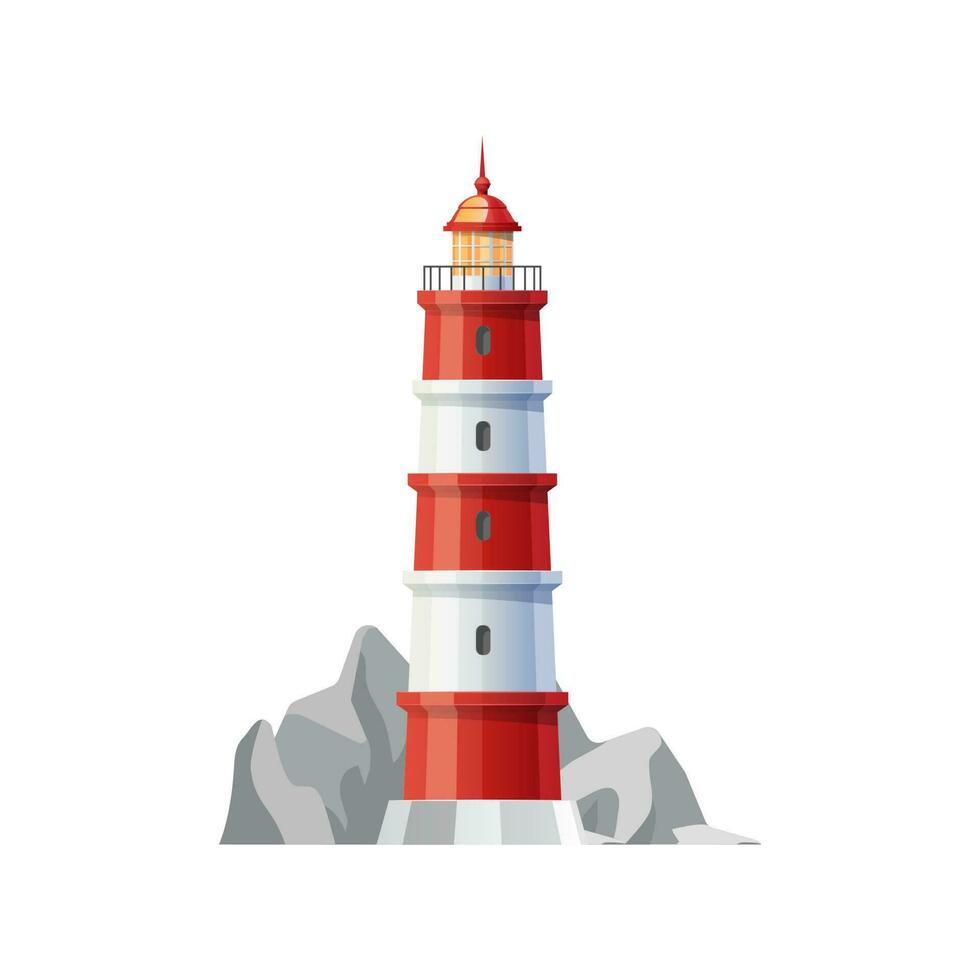 Sea lighthouse on rocky coast or shore vector icon