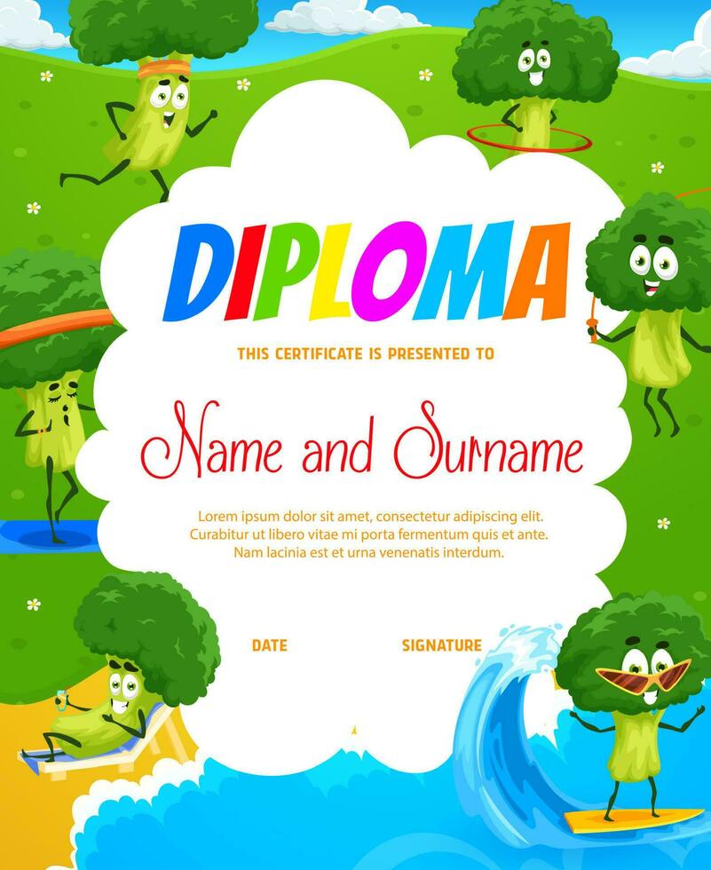 Cartoon happy broccoli, kids diploma certificate vector