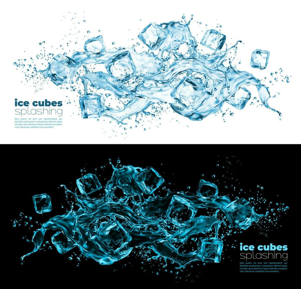 realista hielo cubitos y agua ola chapoteo vector