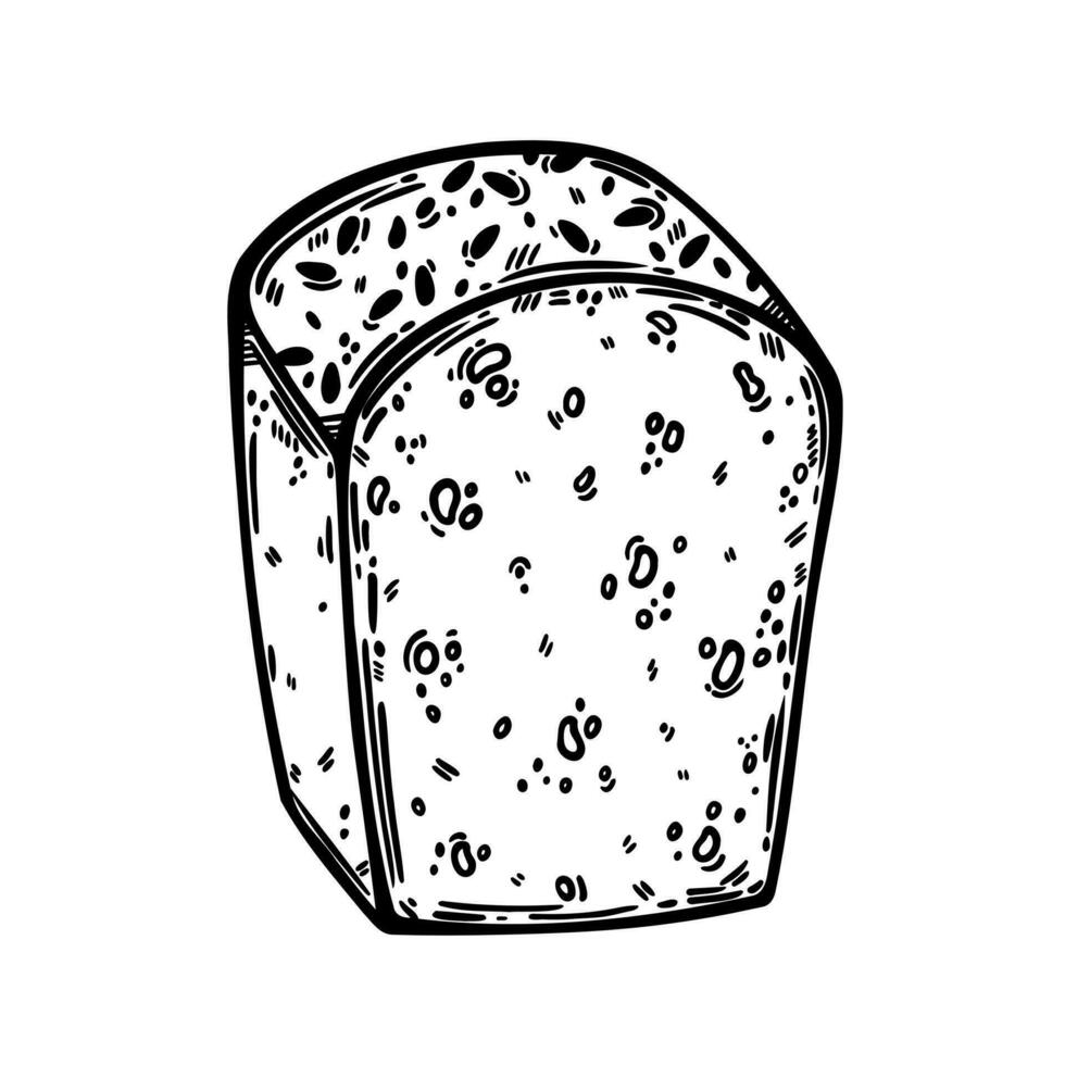 Bread vector illustration. Organic baked goods. Half a loaf for breakfast, toasts. Fresh homemade cakes with seeds, grains. Food sketch isolated on white. Black and white clipart for menu, print, web