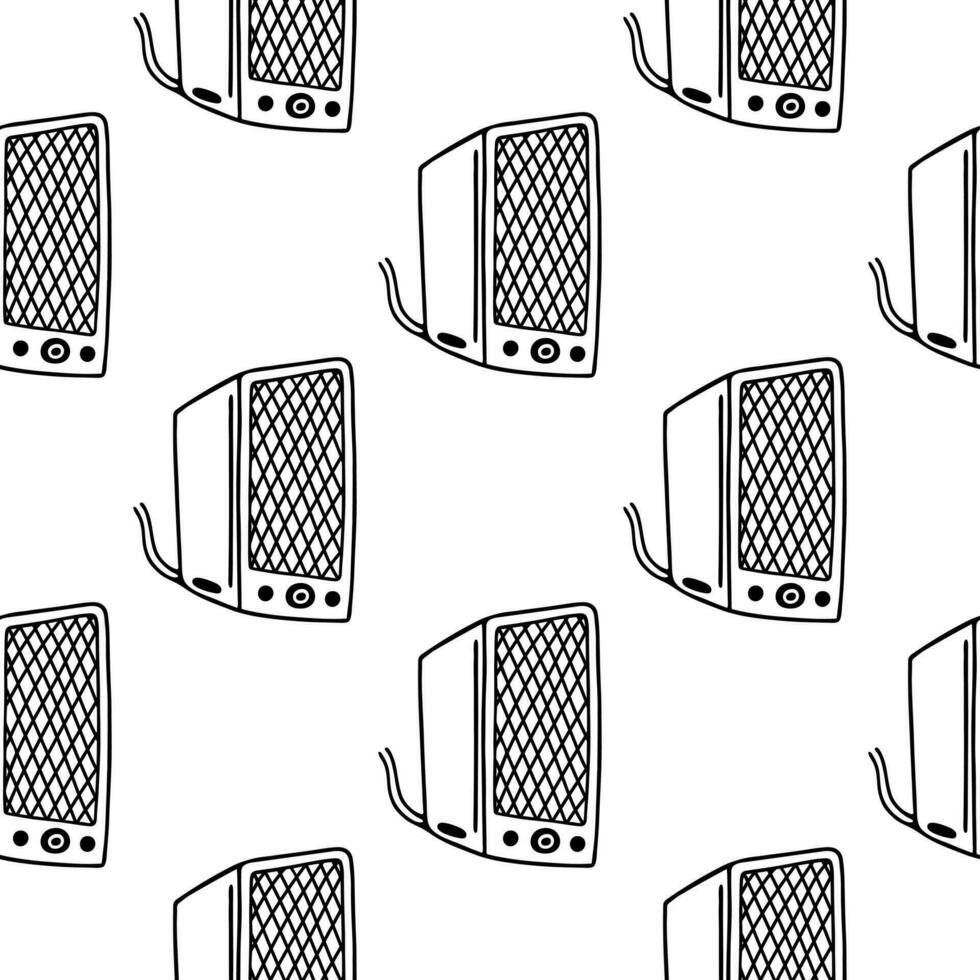 Music speaker seamless vector pattern. Retro device for disco, cinema. Vintage sound gadget with a wire. Hand drawn illustration, simple doodle. Black and white background for packaging, print, web