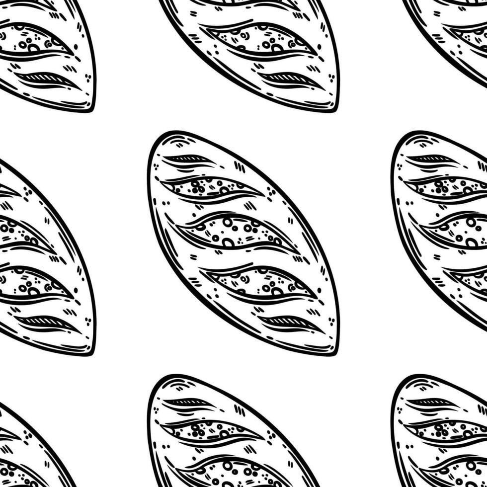 Long loaf seamless vector pattern. Tasty soft dessert with crispy crust, yeast egg dough. Fresh bread for breakfast, yummy pastry. Food sketch, drawing. Black and white background for menu, print, web