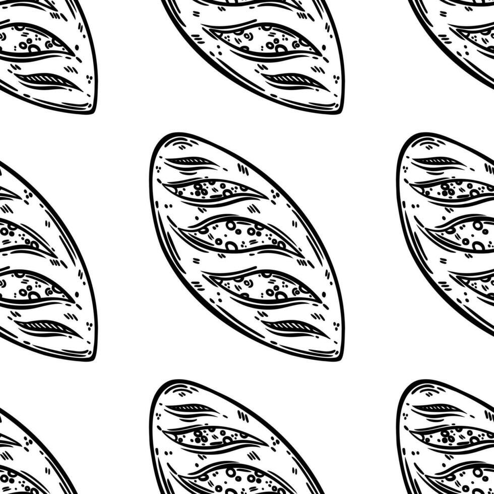 Long loaf seamless vector pattern. Tasty soft dessert with crispy crust, yeast egg dough. Fresh bread for breakfast, yummy pastry. Food sketch, drawing. Black and white background for menu, print, web