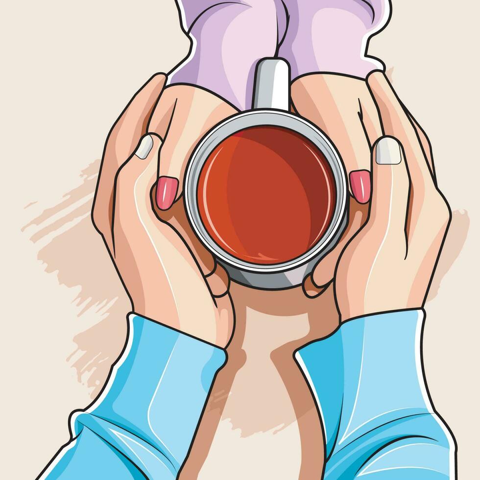 té taza bebida para desayuno en el manos de amantes vector ilustración gratis descargar