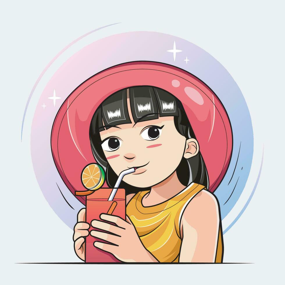 Hello Summer. Cute Girl Drinking Lemon Tea vector illustration free download