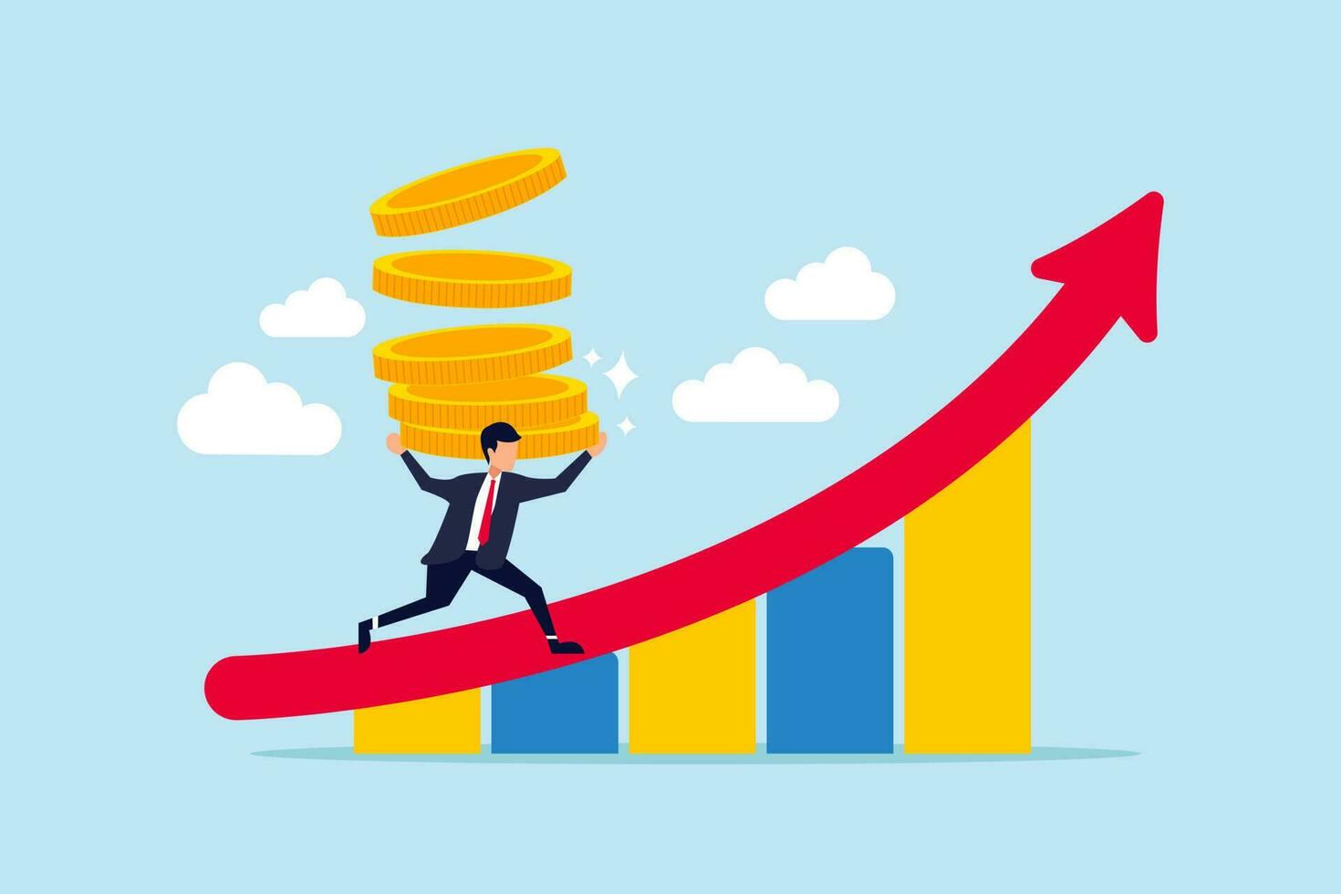 Increase revenue, income or investment profit, growing income or wealth, growth chart diagram or savings and investment return concept, businessman carry money coin stack walk up growth graph diagram. vector