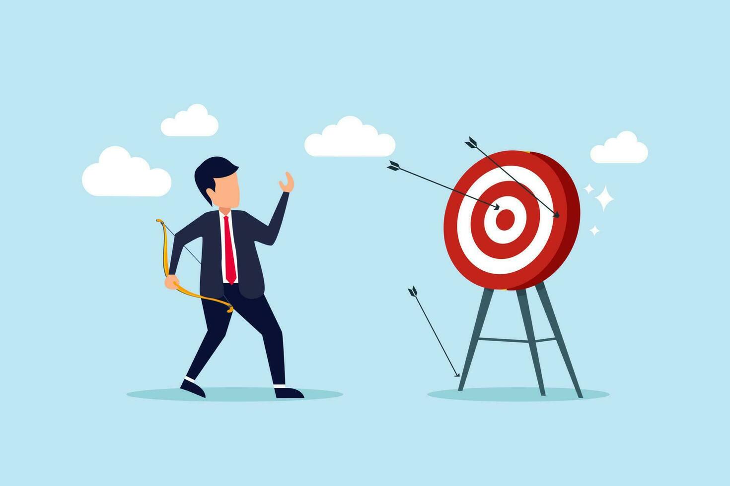 Success reaching goal or target, victory or winner, accuracy and achievement to hit target bullseye, efficiency or perfection concept, businessman archery shoot all his bows hitting bullseye target. vector