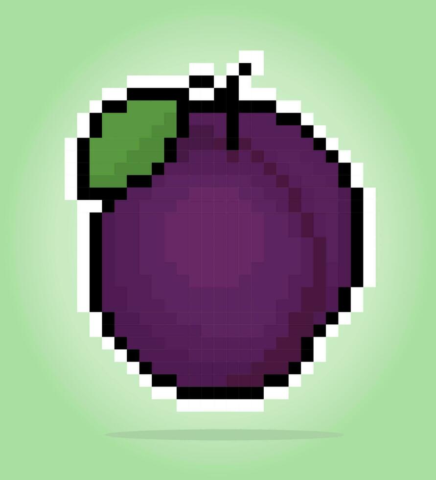 8 bit pixel plum. Pixel Fruits in Vector illustration for game assets or cross stitch pattern.