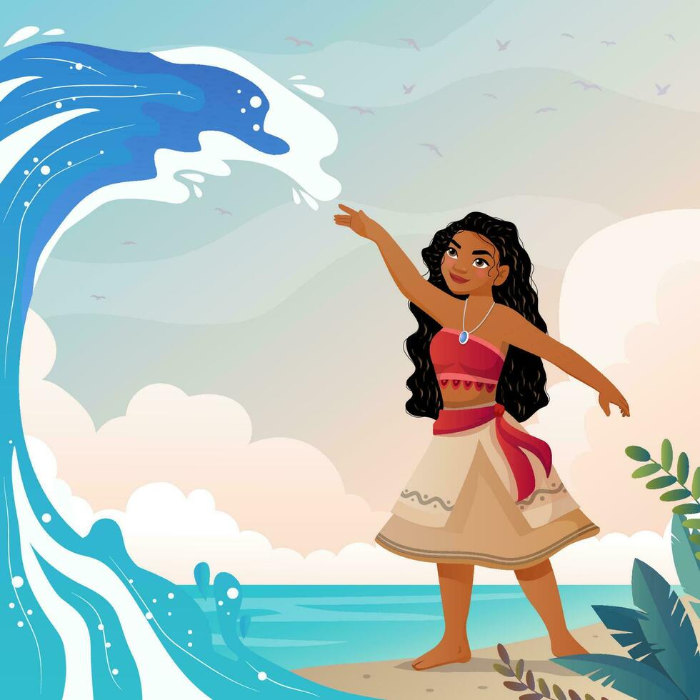 Hawaiian Girl Playing with The Ocean Waves vector