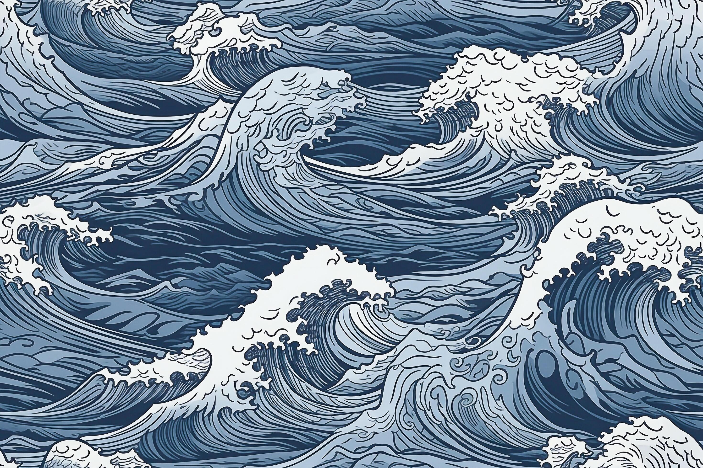 Ocean hand drawn wavy seamless pattern in linear art. 23516006 Stock ...