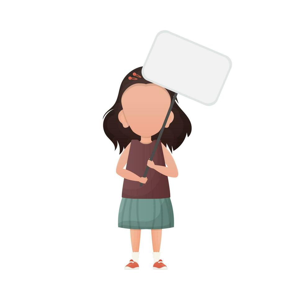 A little girl with a musty poster and a place for your text. Cartoon style. Vector illustration.