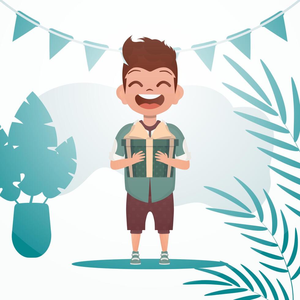Joyful child boy stands and holds a box with a bow in his hands. Birthday, new year or holidays theme. illustration in cartoon style. vector