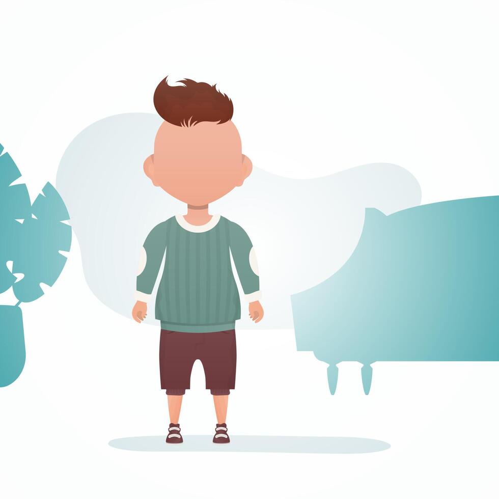 A cute little boy is standing in the room. Banner with a child. Cartoon style. illustration. vector