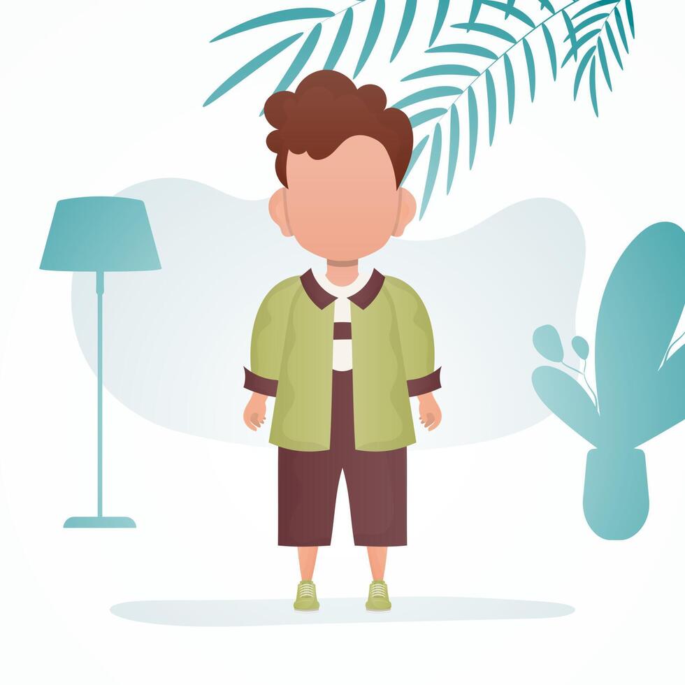 A cute little boy is depicted in full growth. Poster with a child. illustration in cartoon style. vector